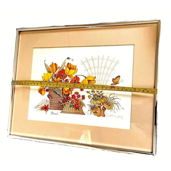 VTG 1960s Artist Signed Painting Print Still Life Flower Mushroom Metal Framed - Picture 2 of 8